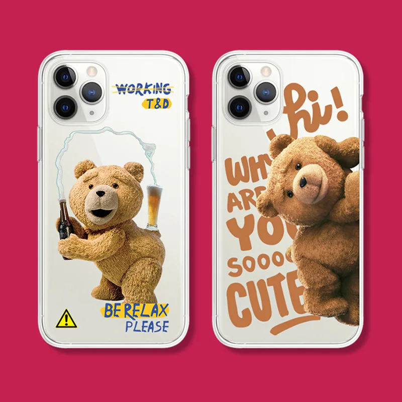 Funny Cartoon Teddy Bear Couple Phone Case for iPhone X XS Max XR 13 12 11 14 Pro MAX Mini SE2022 6S 7 8 Plus Clear Case