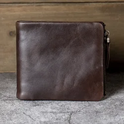 Vintage Short Genuine Leather Men's Wallet with Oil Wax Finish, Silver Buckle and Top Grain Cowhide