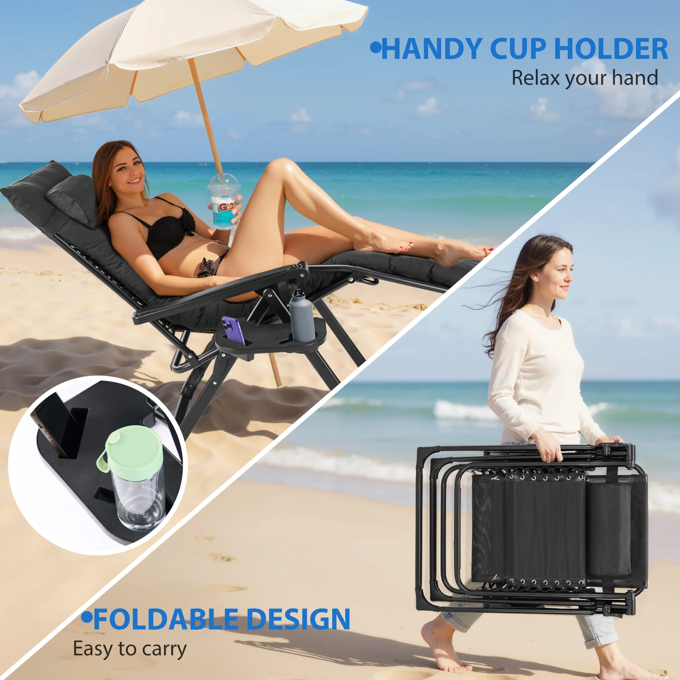 MCQ Zero Gravity Cushioned Lounge Chair Outdoor Folding Camping Padded with Cup Holder Cooler Bag Heavy Duty Chair for Garden image 6