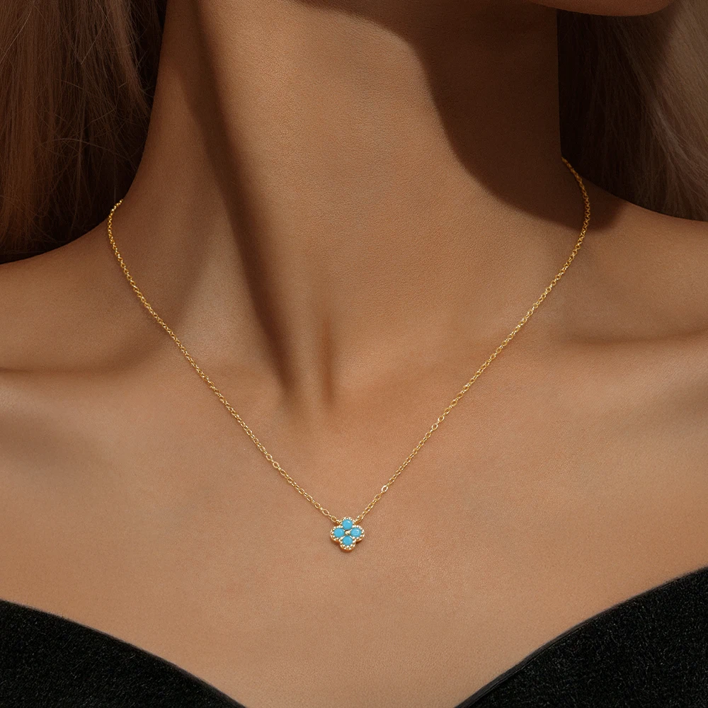 ROXI-Conjunto de joyería en forma de pétalo de circón transparente turquesa S925 para mujer, anillos de dedo, collar, pendientes de botón, kolczyki