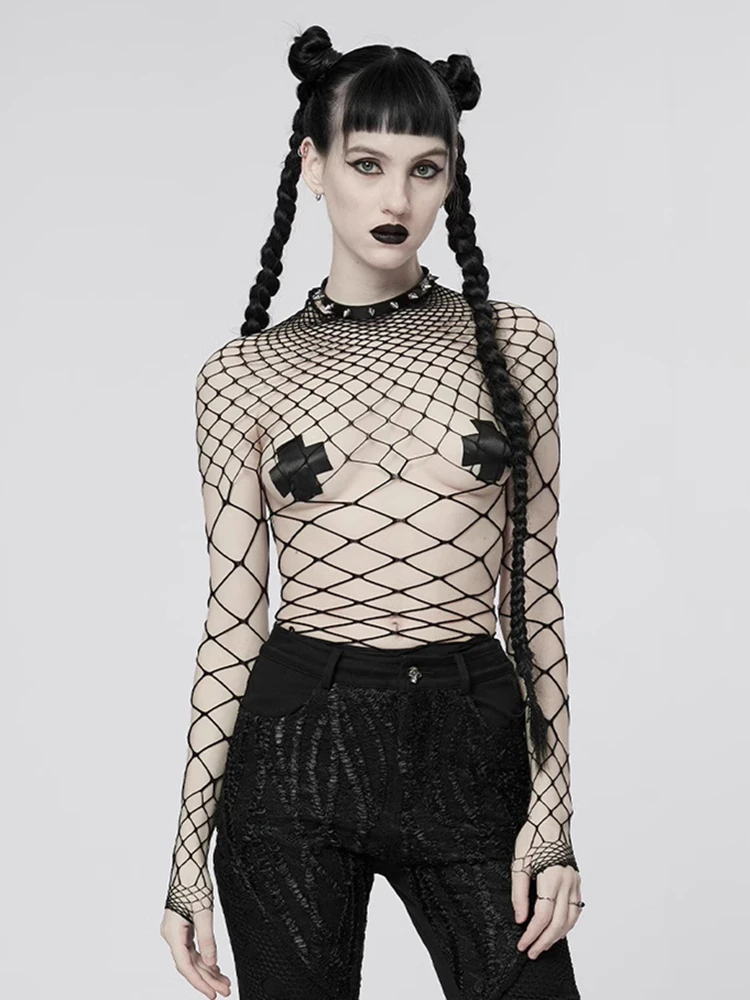 Gothic Hollow Out Sexy Bodysuits Y2K Fashion Girls Patchwork Tops Women Grunge Fishnet High Cut Slim Bodysuit Streetwear