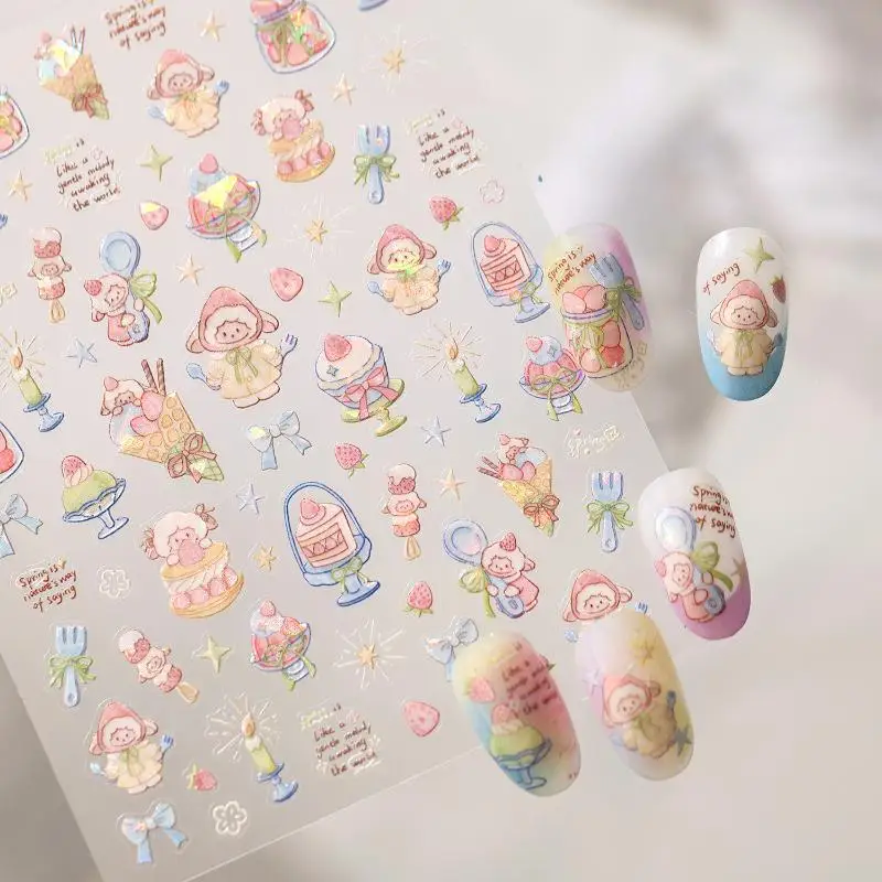 Cartoon 5D Nail Art Stickers Headscarf Sheep Fruit Jar Ice Cream Cake Bow Star Self Adhesive Decal Lovely Manicure Decor