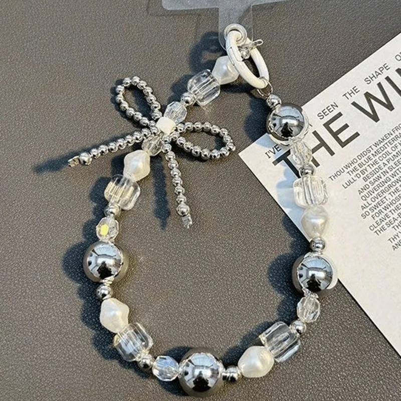Fashionable Silver Bow Beaded Phone Chain Charm Lanyard For iPhone Samsung, Universal Accessories Jewelry Pendant