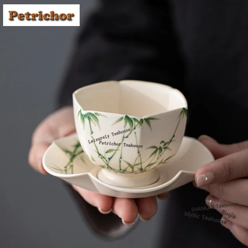 Hand-painted Bamboo Shadow Hexagonal Teacup Vintage Tea Bowl Jug Tea-tasting Meditation Cup Jianzhan Master Cups Cafes Coaster