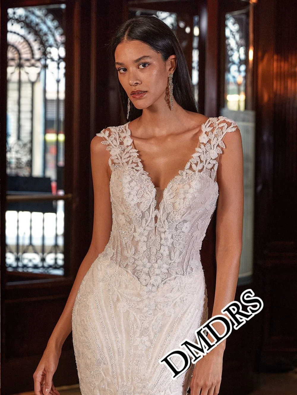 

DMDRS Sexy V-Neck Wedding Dress Romantic Beaded A-Line Bridal Gowns Charming Appliquéd Floor-Length Wedding Gowns