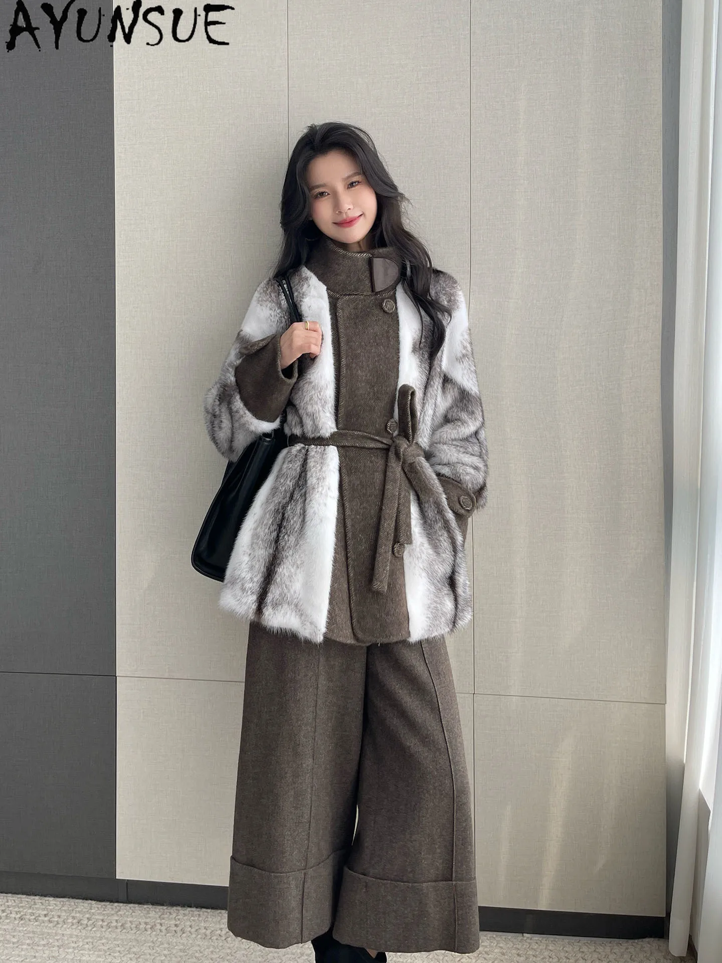 AYUNSUE Cross Female Mink Coat Women Clothes Mid-long Winter Jacket Double Sided Woolen Womens Coats Fashion Warm Outerwears