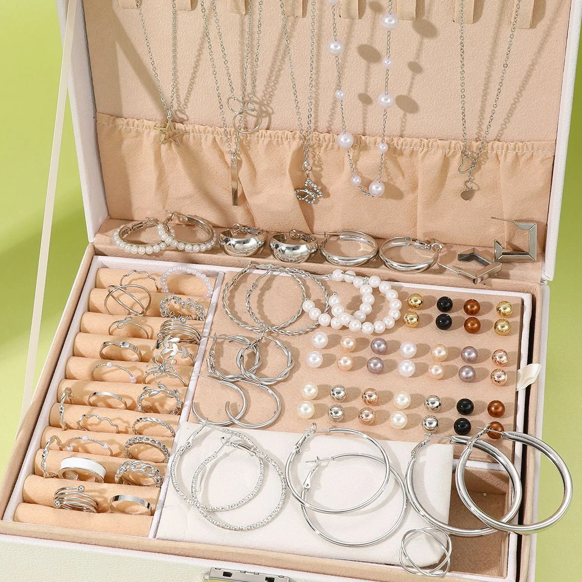 86-teiliges Modeschmuck-Set für Damen, Perlen-Legierung, Ohrringe, Halsketten, Ringe, Armbänder, stapelbar, Boho-Schmuck, Party, Alltag, ohne Box