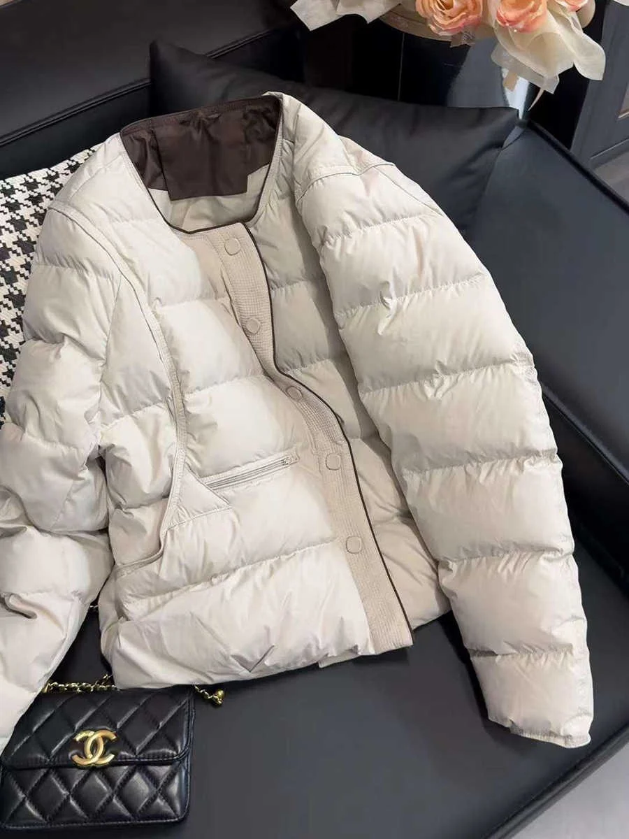 

Fashionable Color Block Short down Jacket Women's round Neck Duck down Coat Korean Style Commute Wind Regular Fit Long Sleeve