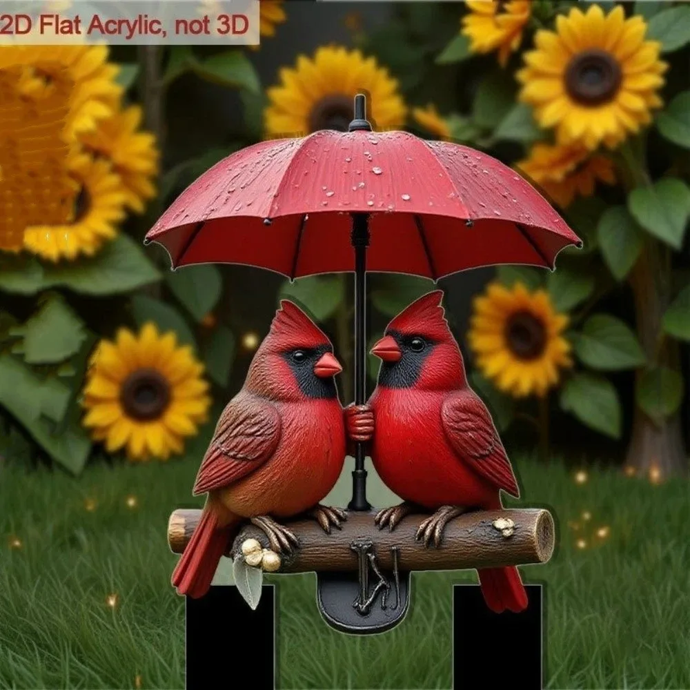 Cute Acrylic Red Bird Flat Insertion Waterproof Rustproof Bird Statue 2D Little Bird Card Garden