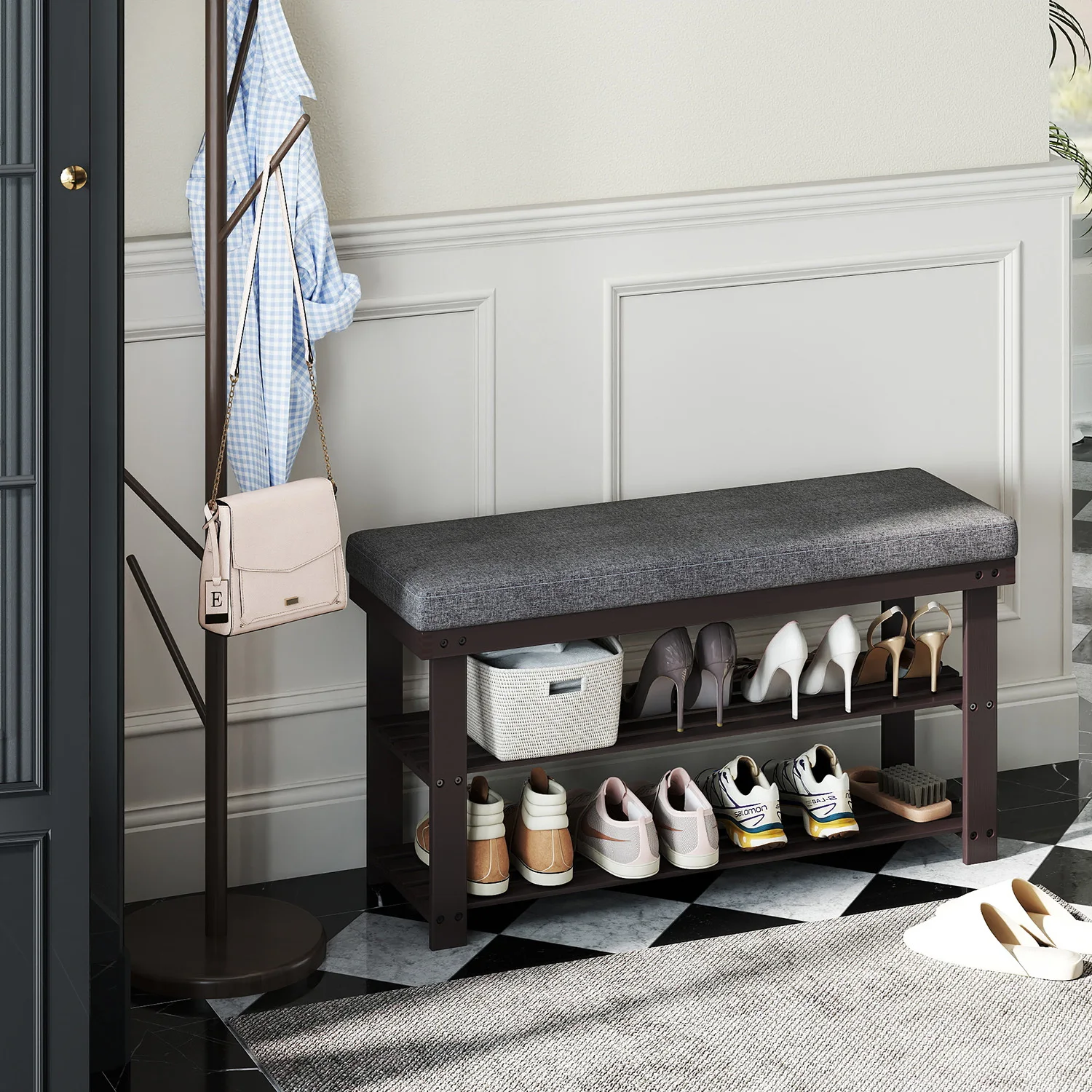 

2-Tier Bamboo Shoe Rack & Entryway Bench - Sturdy 300 lb Capacity, Contemporary Modern Design with Cushioned Seat