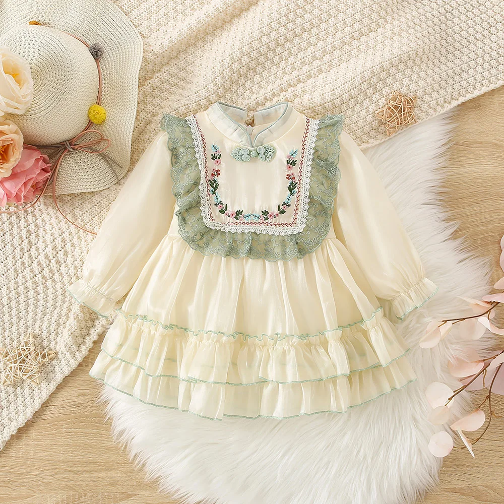 New Girls\' Dress Spring and Autumn Children\'s Small Standing Neck Embroidered Ruffle Edge Pleated Long sleeved Princess Dress