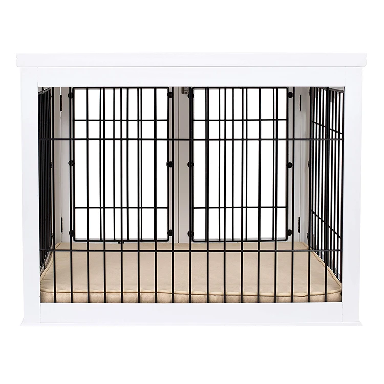 Best Decorative Double-Door Wooden Wire Dog Kennel with Iron Pet Bed Furniture Dog Crate Steel Bowls for Cats