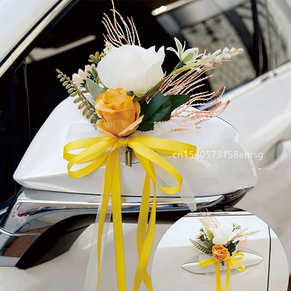 4 STKS Kunstbloem Decoratie Outdoor Auto Spiegel Deur Romantische Bloemen Bruiloft Decor Lint Nep Bloem Decoratie Benodigdheden