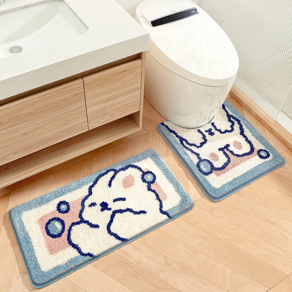 Bath Mat 2-piece Set 3-piece Set Rabbit Series Thickened Flocking Bathroom Rug Bedroom Bedside Carpet Kitchen Long Floor Mat