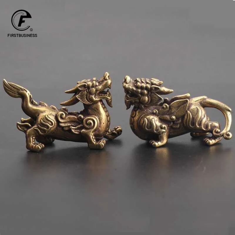 Antique Copper Chinese Mythical Beast Pixiu Miniature Figurines 1 Pair Ornaments Brass Lucky Animal Qi Lin Desktop Decorations