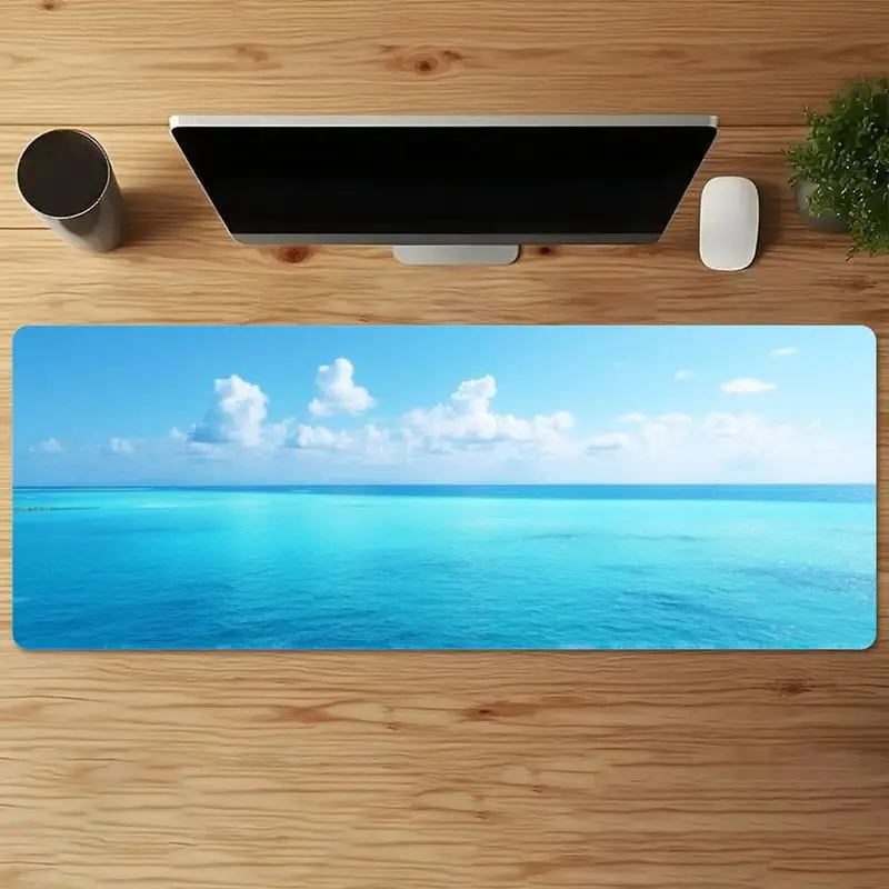 قطعة واحدة من سجادة مكتب Ocean Horizon كبيرة جدًا - عرض السماء الزرقاء الداكنة والبحر، طباعة عالية الدقة، غير قابلة للانزلاق لإعداد المكاتب/الألعاب الصيفية، مثالية