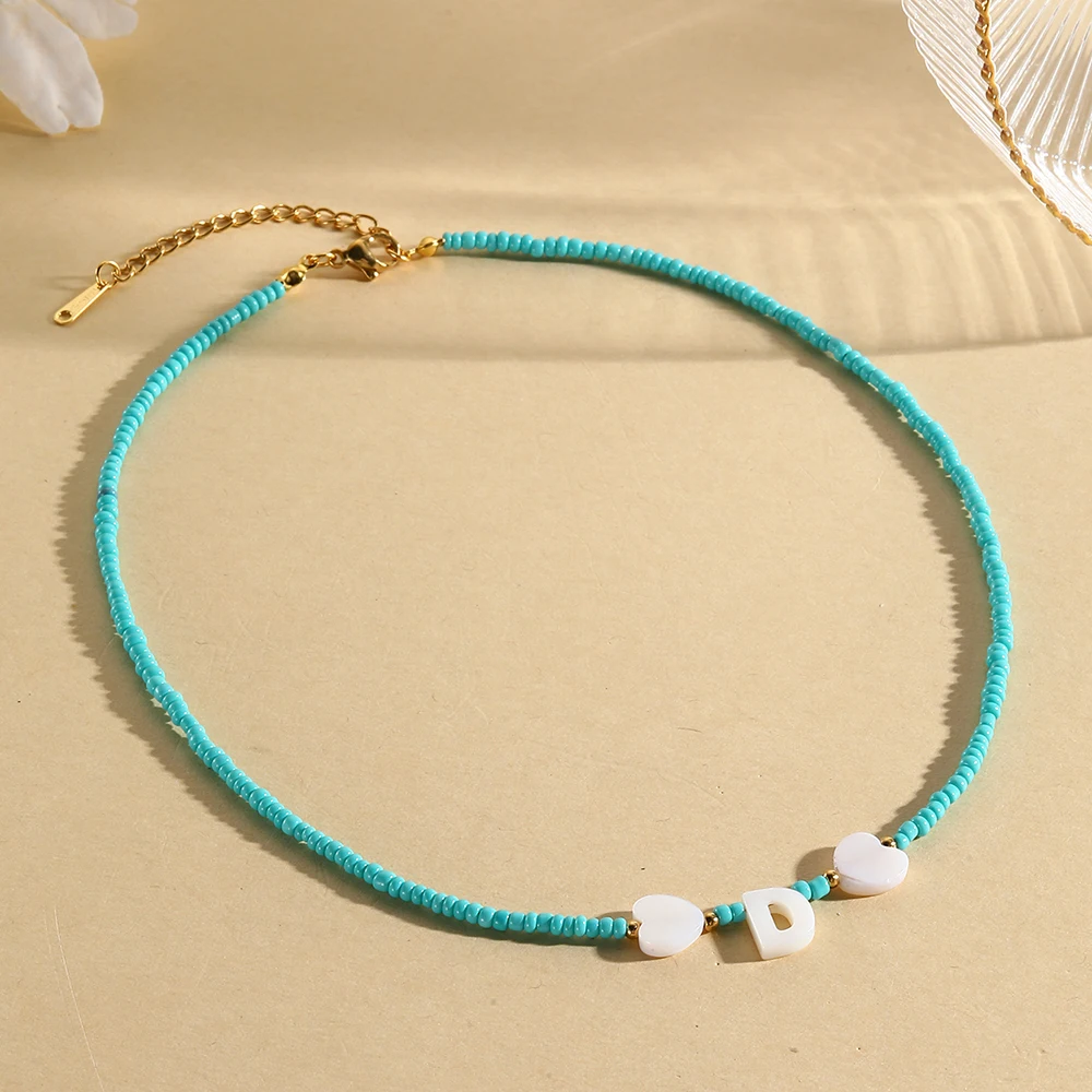 26 Letter Stainless Steel Tail Chain, Blue Millet Bead Necklace, Shell Heart Letter, Women\'s Jewelry