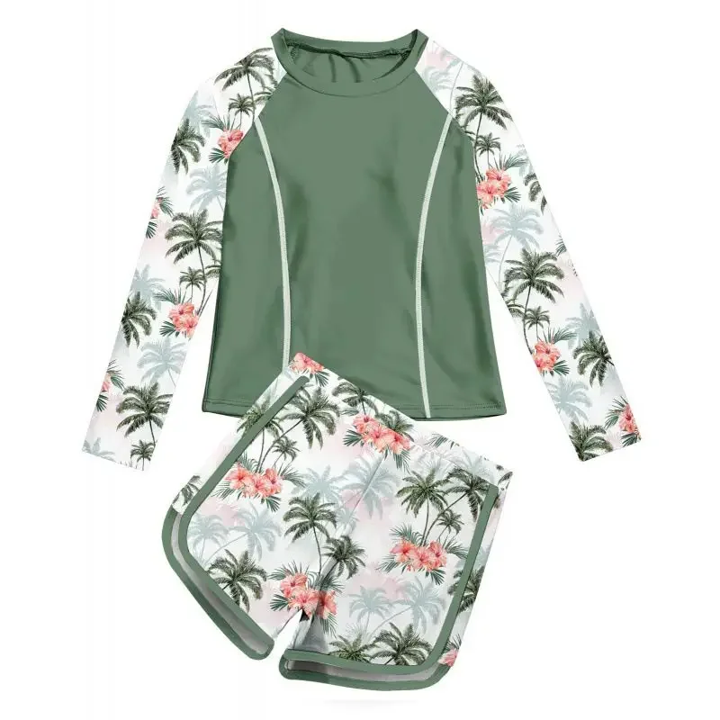 8-14 Years  2pcs Quick Drying Swimwear Long Sleeve Sun Protection Printed Bathing Suit Children Boy Girl Swimsuit Swimming Set