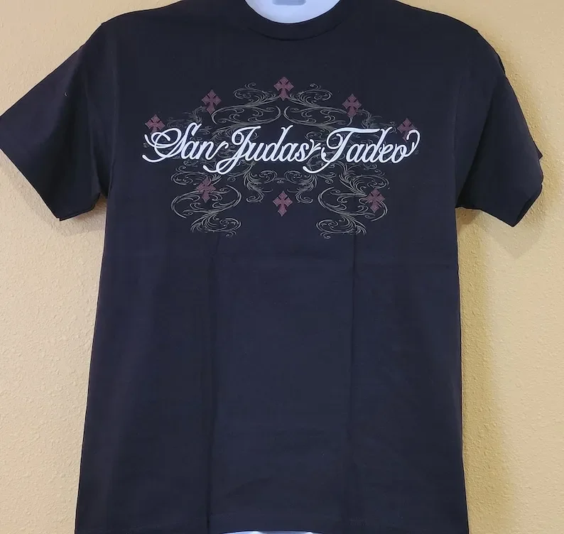 San Judas Tadeo T shirt Saint Jude Glitter Tshirt Medium, Black unisex top summer tee comfy religious top with glitter accents
