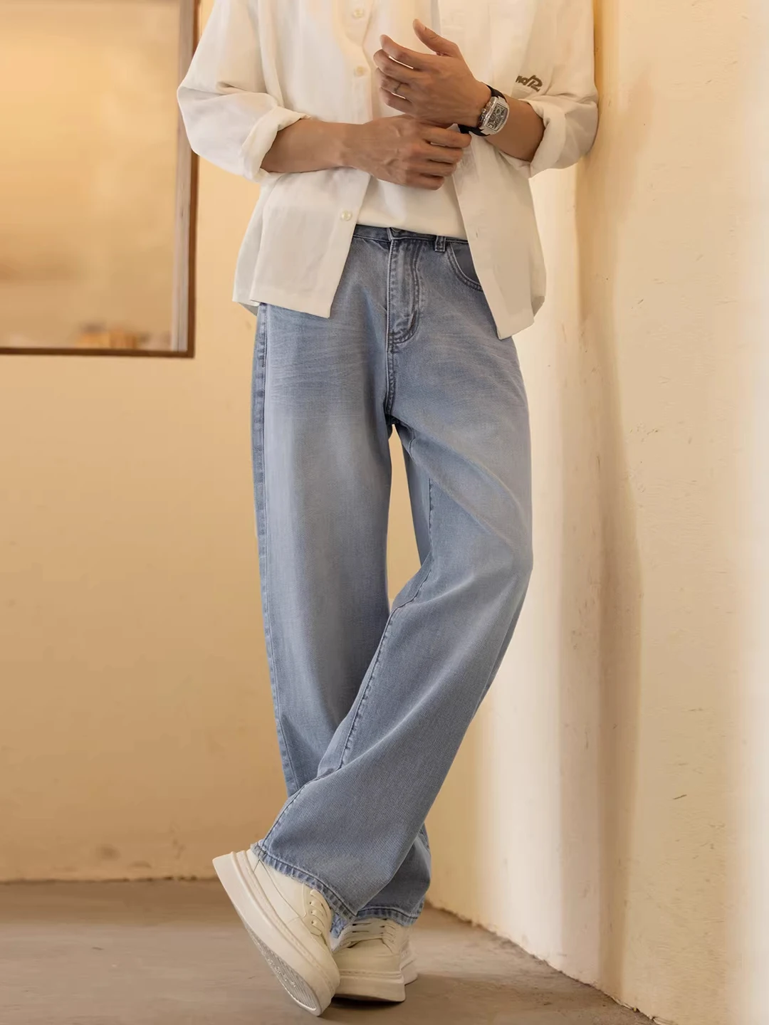 

Loose Straight Leg Blue Jeans Men's Spring Autumn New Sle Crystal Blue Distred Casual Wear to Work Pants for Men