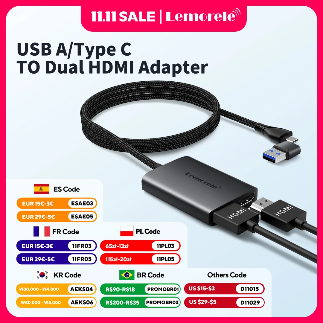 

Lemorele Type C/USB3.0 to Dual HDMI Adapter 1080P 60Hz Extend 2 Different Screen for Apple M1 M2 Mac Windows Type C/USB3.0 Hub