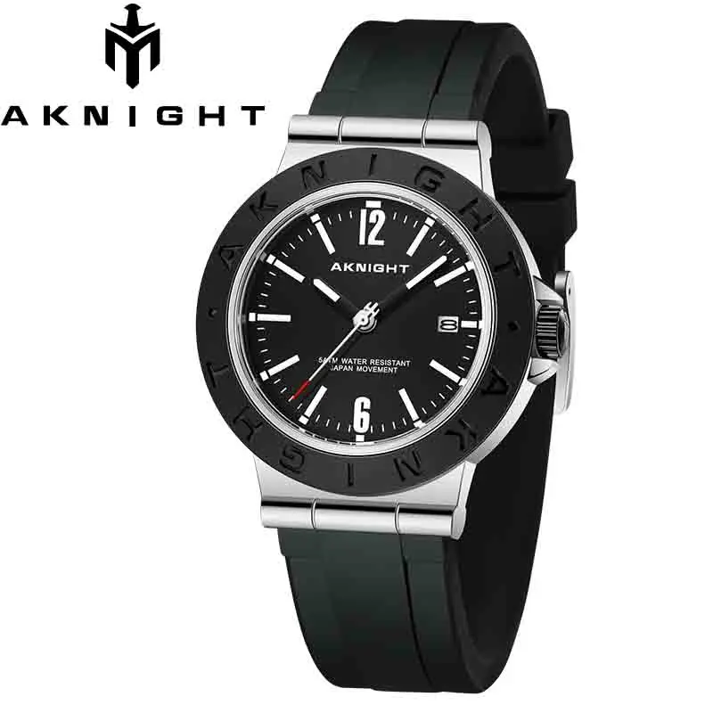 AKNIGHT Sport Watch for Man Black Silicone Strap Quartz Movement Waterproof Watches Fashion Casual with Date Clock Reloj Hombre