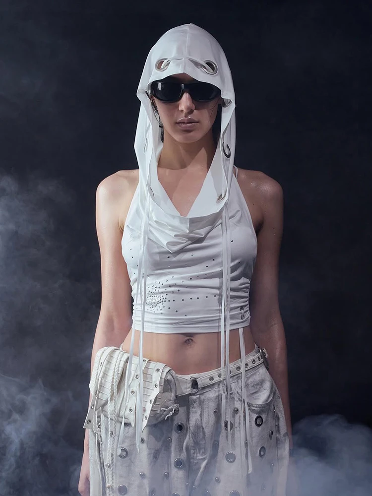

Weird Puss Hipster Hooded Tank Top Women Metal Ring Hollow Decoration Drawstring Ruched Sexy Hottie Wild Stretch Slim Streetwear