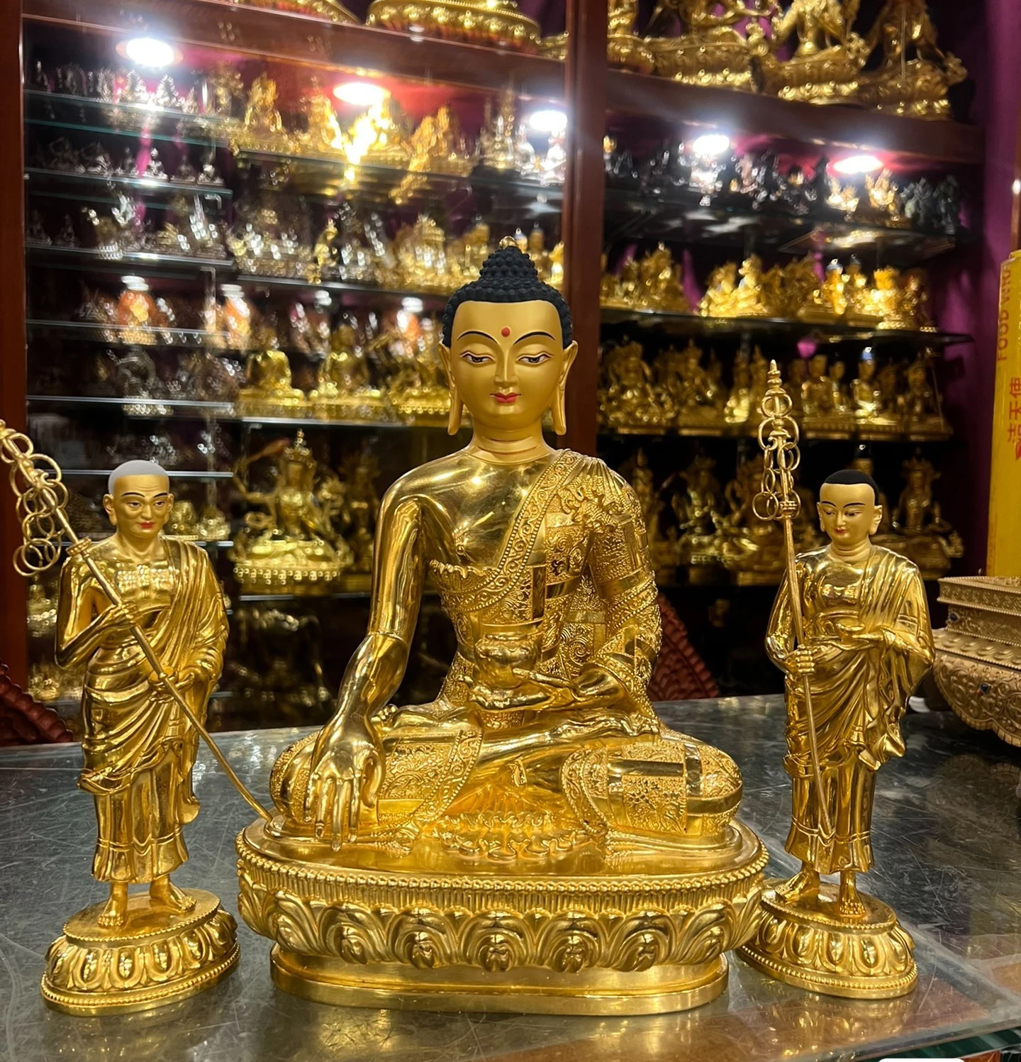 A set 3P Buddhism Good  gilding copper Buddha statue Sakyamuni Disciple HOME family temple worship