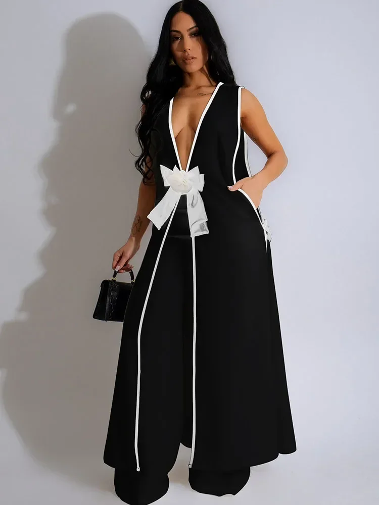 Bow Tie Appliques V-neck Sleeveless Long Top and Wide Leg Pants Matching Sets Women Two Piece Set Elegant Club Birthday Outfits