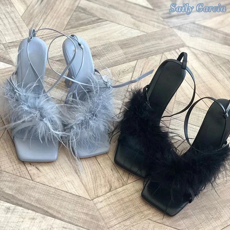 

Feather Cross Strap Stiletto Heel Sandals Buckle Front and Rear Genuine Leather Cow Suede Solid New Arrival Fashion Party Shoes