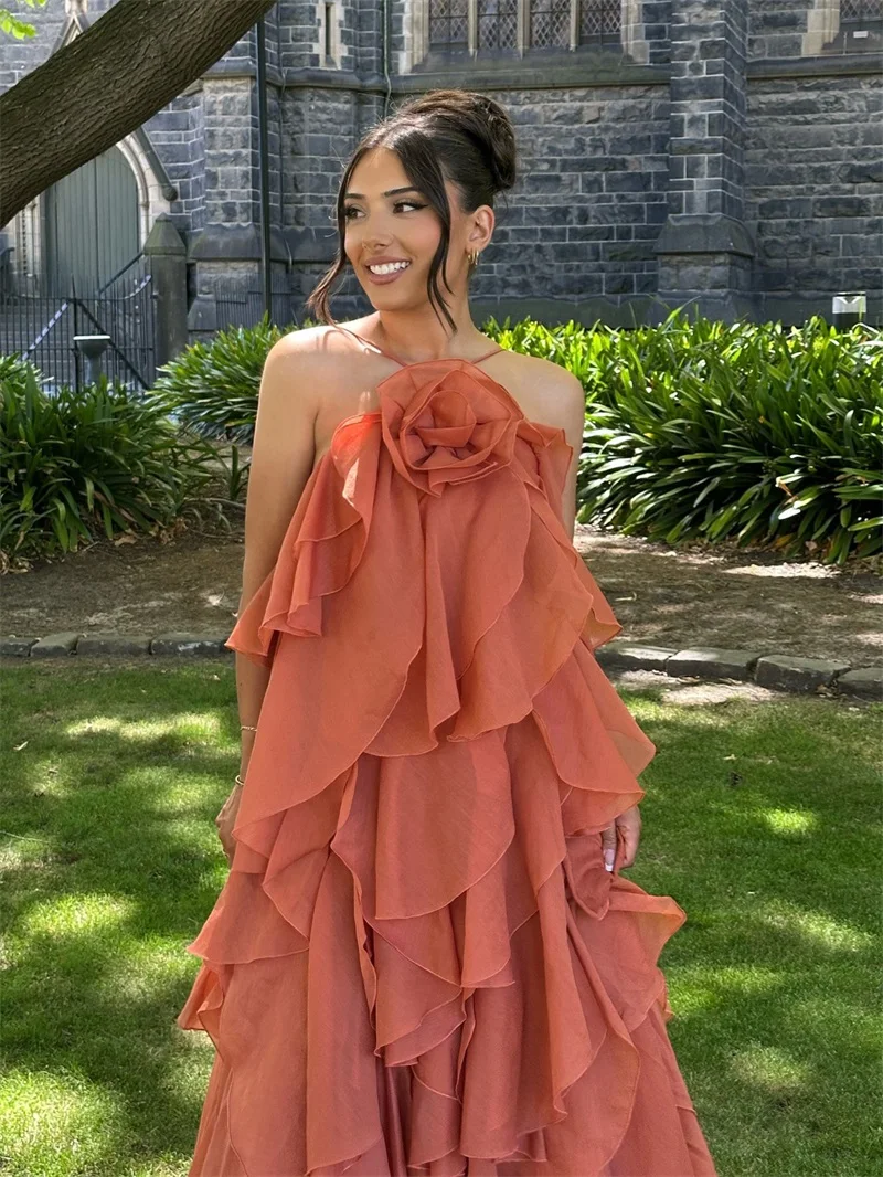 

Summer Women Prom Dress Beach 3D Flower Ruffles Sexy Halter Sleeveless Casual Daily Holiday Hot Girl Party Gown Skirt Wear