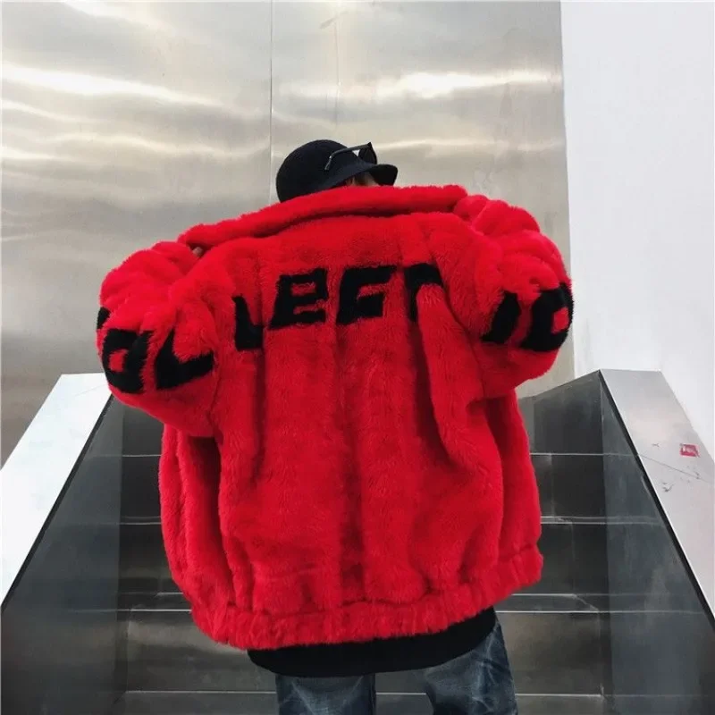 Winter Coat New Men's Fur Jacket Imitation Mink Loose Letters Coats Zipper Pockets Turndown Collar Thickened Cotton Jackets Top