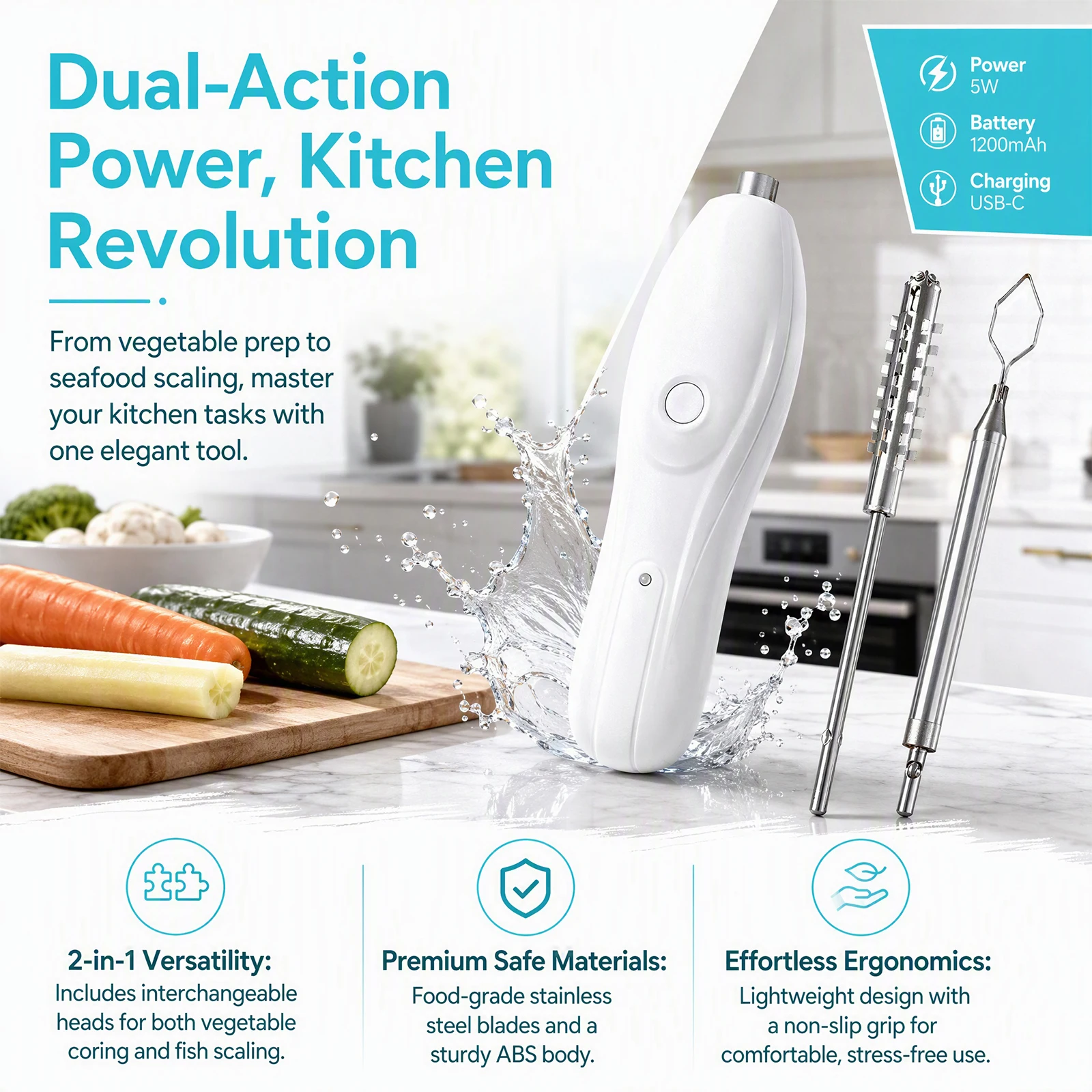 2-in-1 Electric Zucchini Corer Wireless Rechargeable Vegetable Core Remover with Fish Scaler Stainless Steel Blade 1200mAh