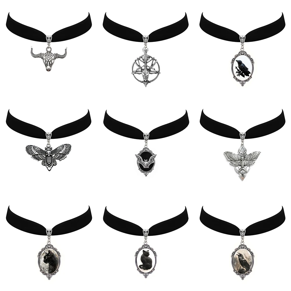 Gothic Animal Series Choker Halloween Necklace Bat Goat Head Crow Skull Black Cat Moth Pendent Black Velvet Jewelry for Women