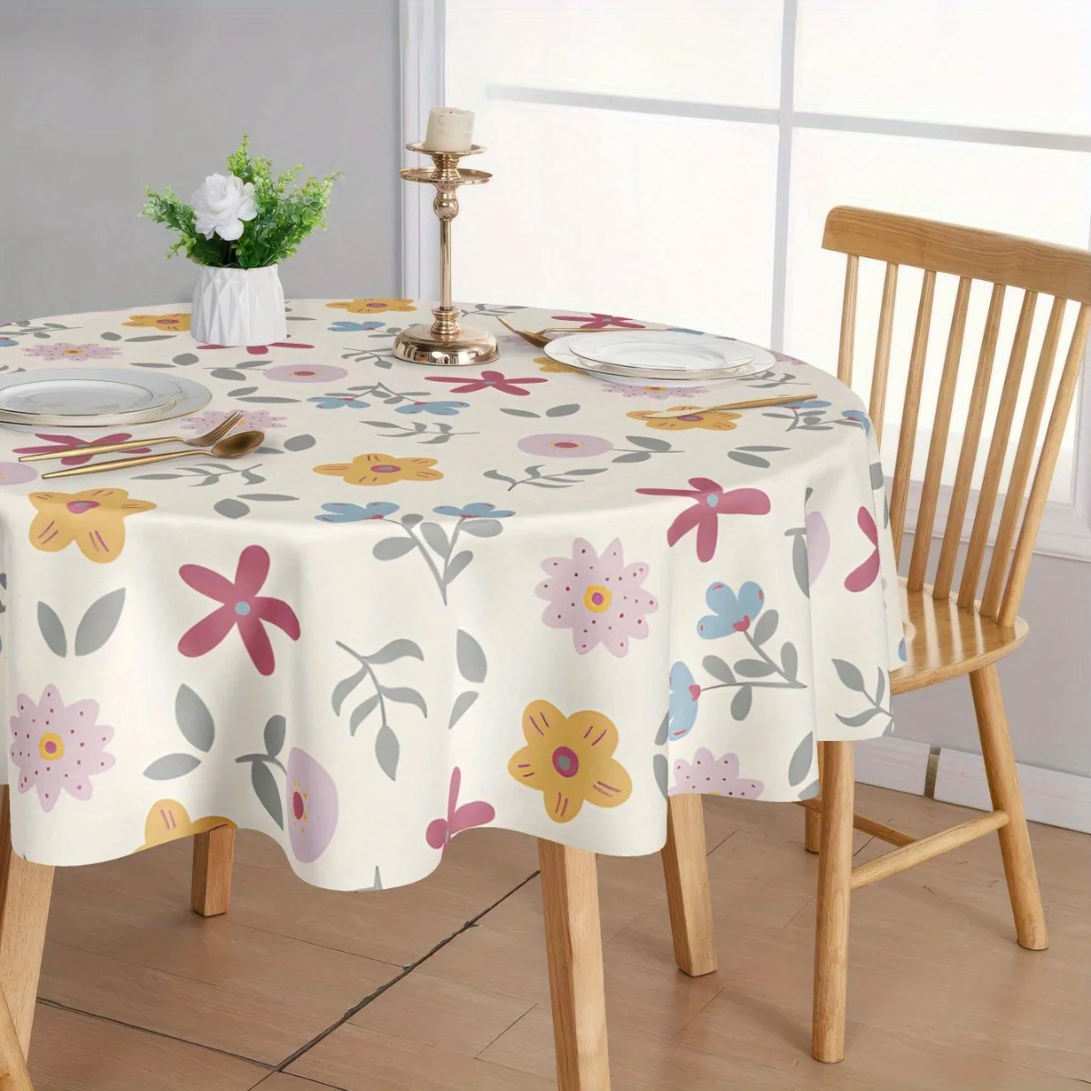 A colorful hippie-style tablecloth - featuring a retro bohemian design, with vibrant pink color.zyc