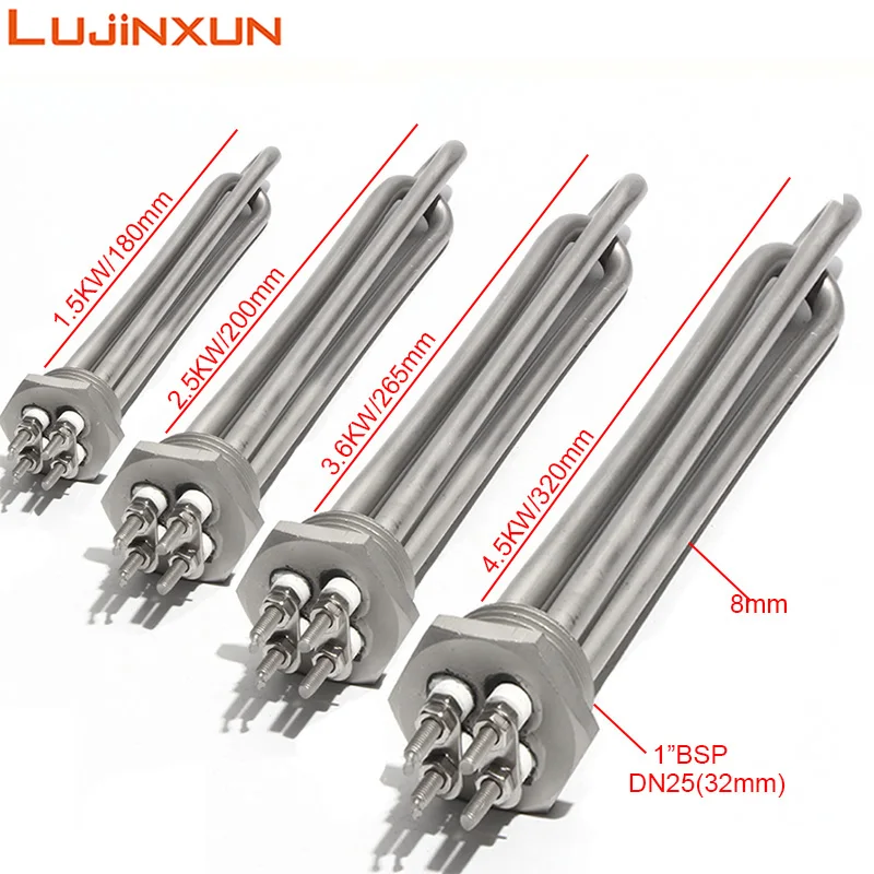 

Lujinxun DN25 1" BSP Thread Boiler Steam Water Heater Immersion Heating Element All 304SUS 240V 1.5KW/2.5KW/3.6KW/4.5KW