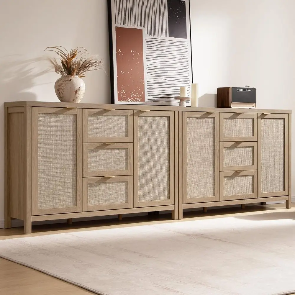 

Boho Style Large Sideboard with 3 Drawers & 2 Doors - Light Oak Storage Cabinet for Coffee Bar, Living Room, Kitchen, or Hallway