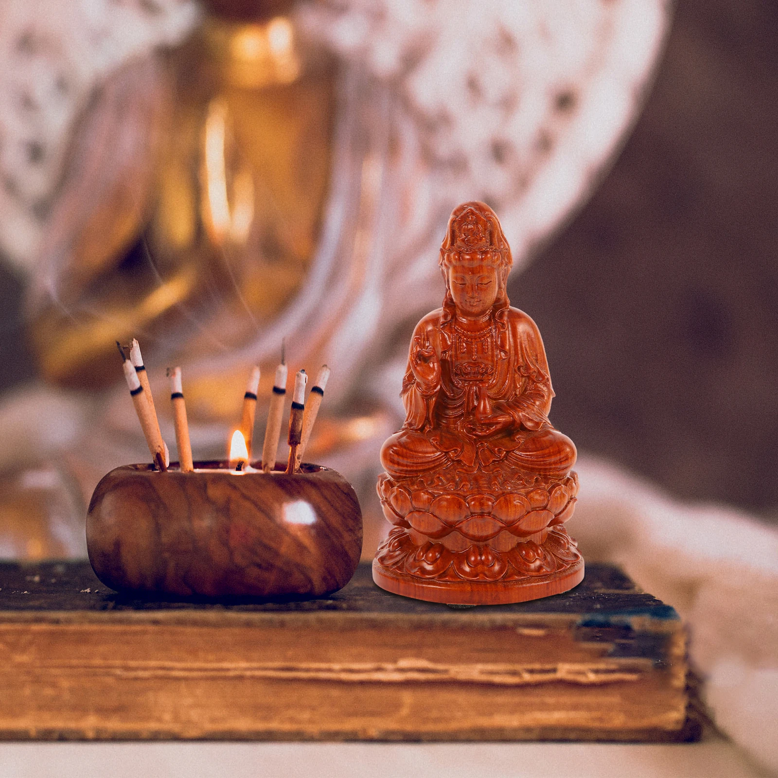 

Multifunctional Guanyin Statue Wooden Bodhisattva Ornament Vintage Indoor Decor Home Office Desktop Small Figurine Wood Adorn