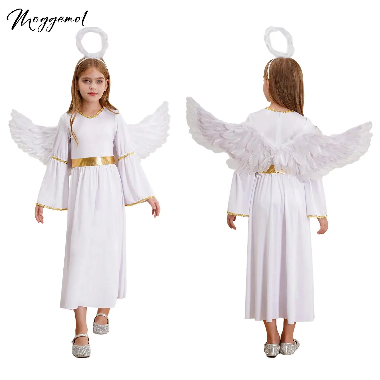 3 قطع من أزياء الملاك للفتيات لعيد الميلاد فستان تنكري بأكمام طويلة مع رباط شعر من الريش وأجنحة للحفلات ذات الطابع الشخصي #1