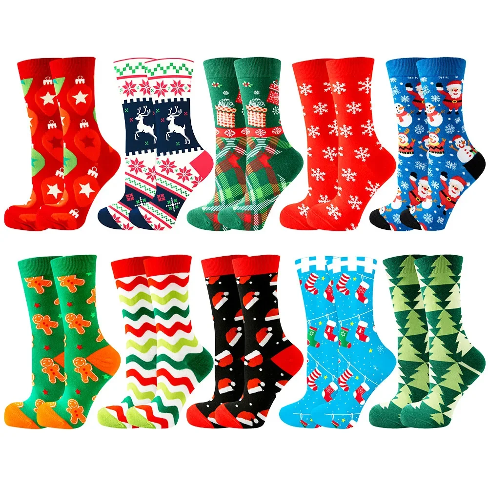 

2023 New 10 Pairs Santa Claus Snowman Casual Women Middle Tube Socks Elk Tide Christmas Tree Funny Women Socks