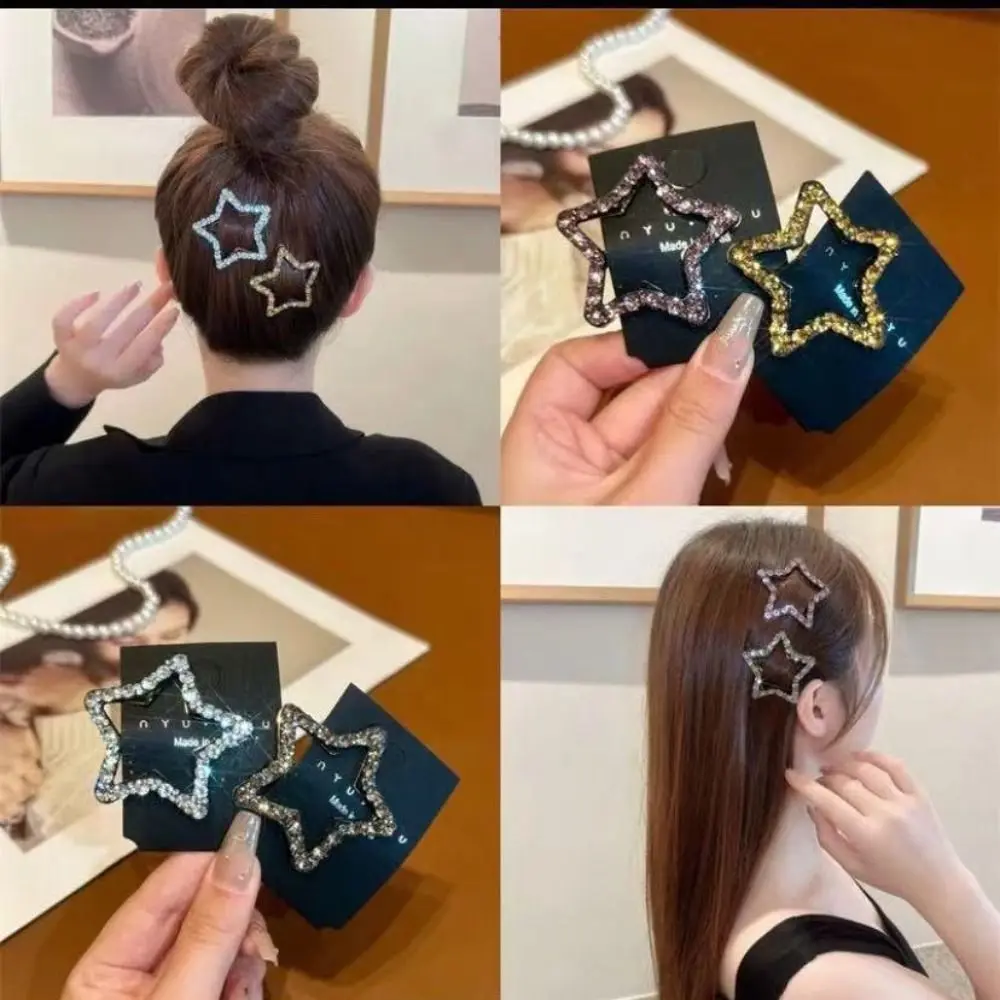 Elegant Geometric Rhinestone Star BB Clip\ Metal Y2k Star Side Clip Pentagram Hair Accessories Hollow Hair Clip Photograph