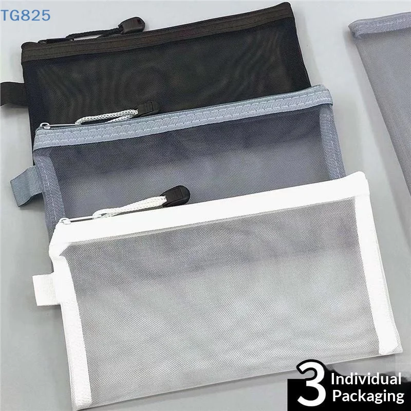 【AN】【SA】3 Pack Transparent Mesh Pencil Case Large Capacity Storage Bag Nylon Zip Pencil Bag Office School Supplies