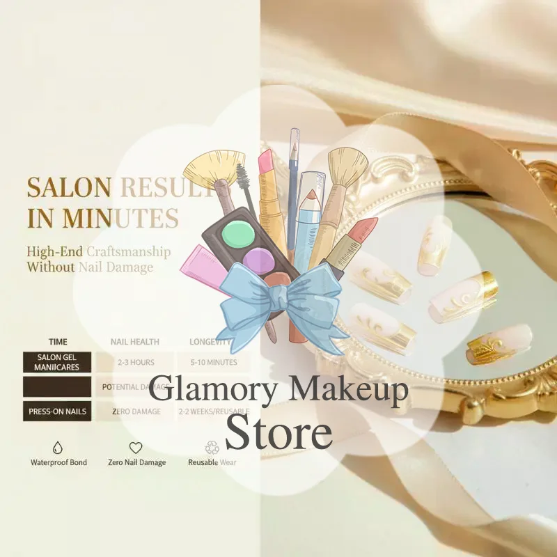 Flora Design Fake Nails 24Pcs Medium Long Square Nude Golden Gilding Full Cover Nails for Women Gift Giving Choice