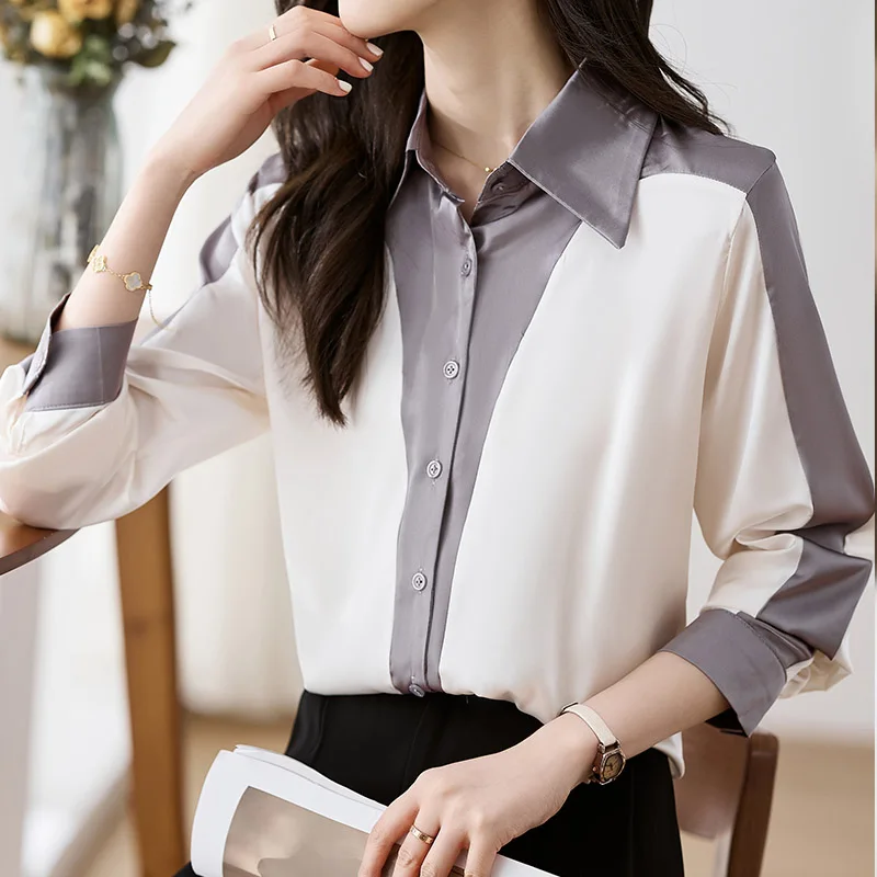 Blusa informal de manga larga para mujer, con retales Camisa de gasa, ropa de oficina, contraste elegante, moda coreana, Primavera