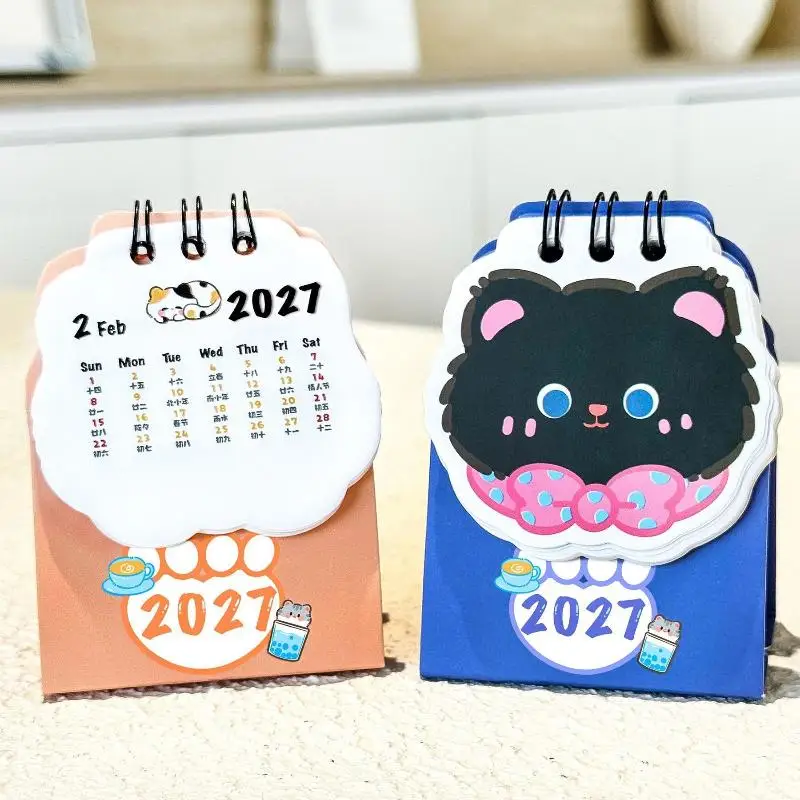 1Pcs 2026 Year Cartoon Cat Desktop Mini Desk Calendar Clock In Program Student