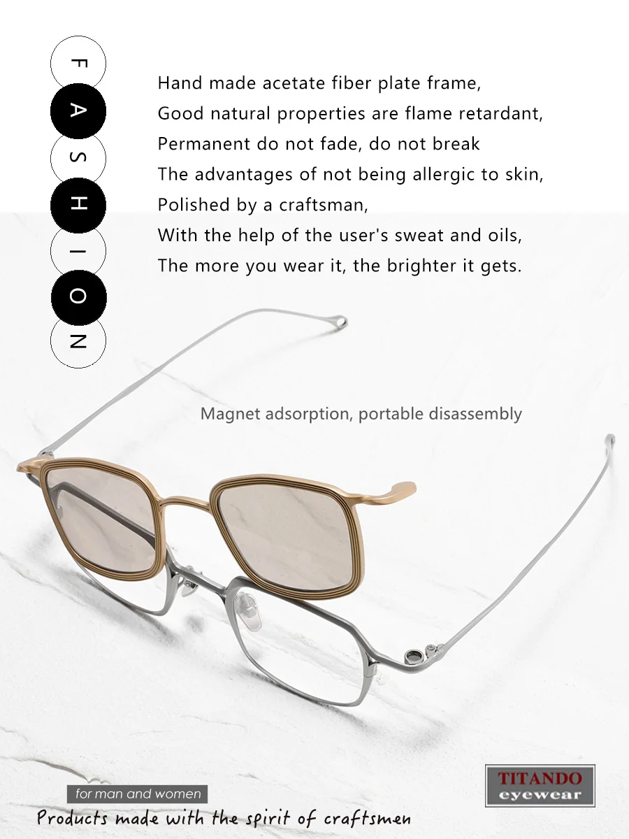 Japanese Fashion Square Pure Titanium Glasses with Magnetic Clip-On Sunglasses, One GlassesTwo Uses, UV Protection RG2004