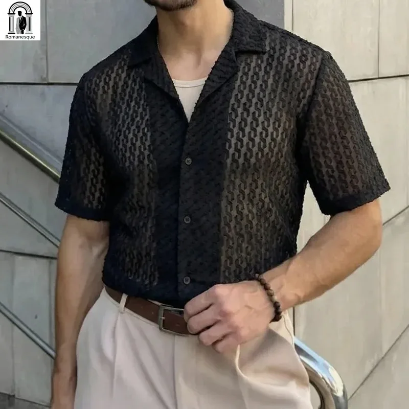 Summer Men's Knit Cardigan Daily Leisure Loose Mesh Short Sleeve Shirts Stylish Solid Color Breathable Hollow Out Shirt