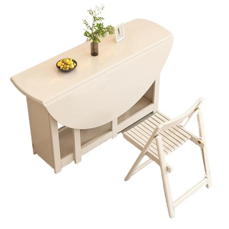 

Cream wind folding dining table, small apartment retractable round table against the wall