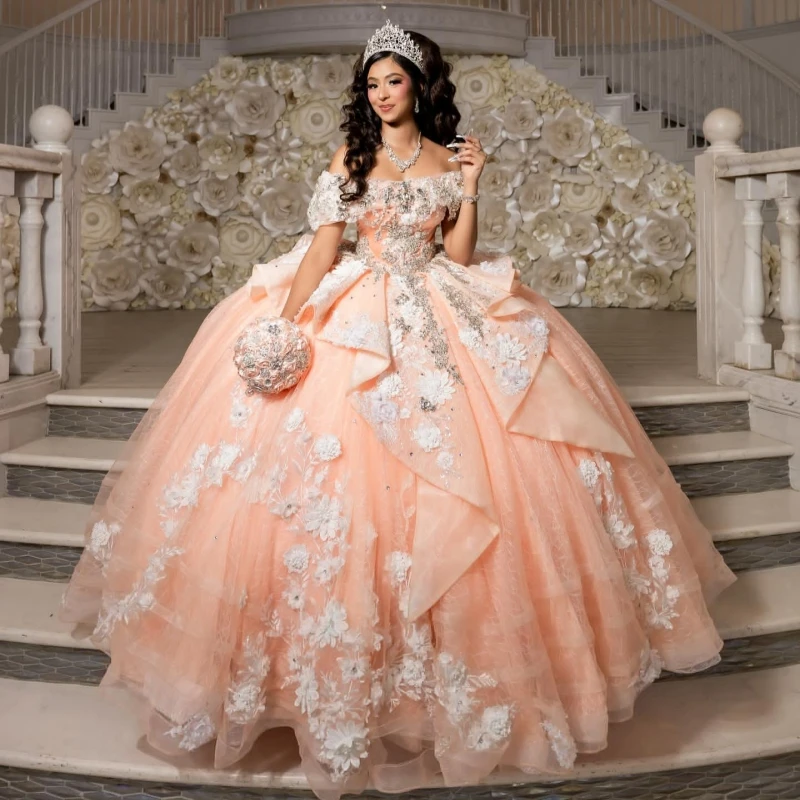 

Розовое платье Quinceanera, бальное платье с открытыми плечами, аппликация, цветочные бусины, тюлевое платье для вечеринки, дня рождения, сладкое платье 16, Vestidos 15 De Anos