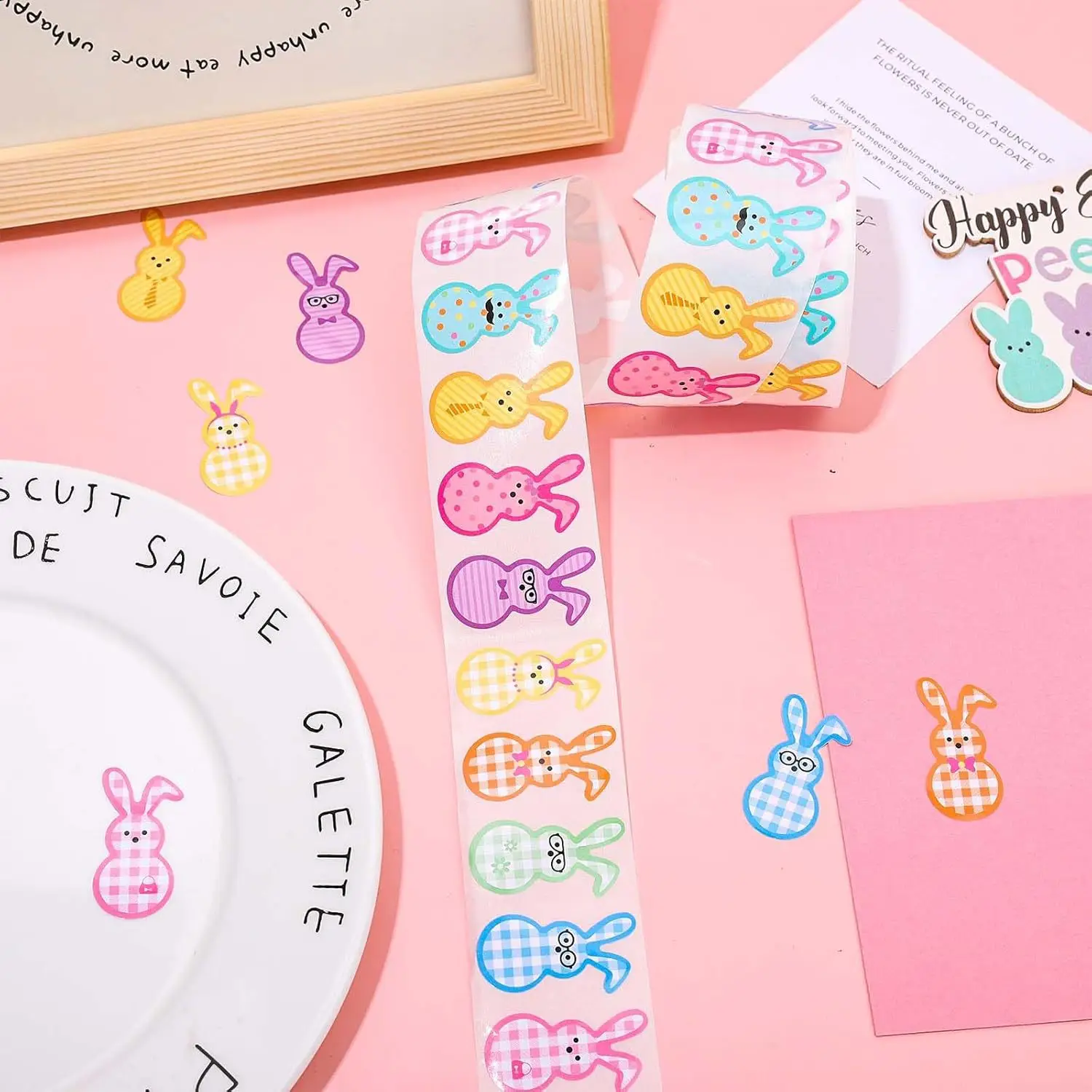 500Pcs Easter Bunny Stickers Roll Cute Colorful Rabbit Paper Decals 9 Designs Spring Plaids Dots Pattern Sealing Stickers